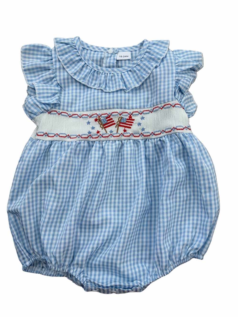 American Flag Embroidered Smocked Gingham Plaid Bubble Romper Size 18-24 Months